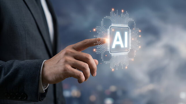 A hand touches a glowing digital circuit with AI symbols. - Powered by Adobe