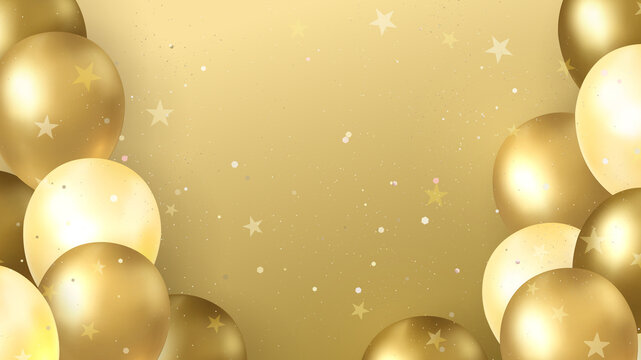 Golden festive balloon background with sparkling stars and soft glowing light, ideal for party invitations, holiday celebrations, and elegant event designs - Powered by Adobe