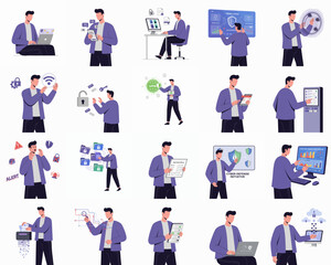 Flat Illustration Man Working with Digital Devices and Technology Icon Set