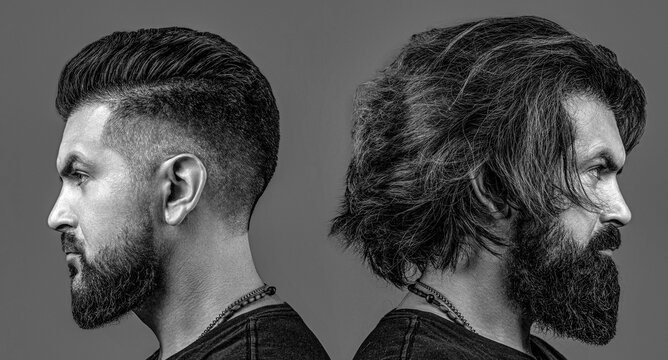 Vs. Male beauty, comparison. People lifestyle barber shop concept. Long beard hair style hair stylist. Black and white
