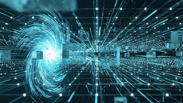 Abstract digital vortex of blue light and data cubes