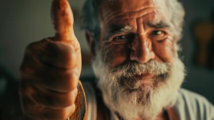 Old man giving a thumbs up sign with a slight smile, wearing white hair and beard.
