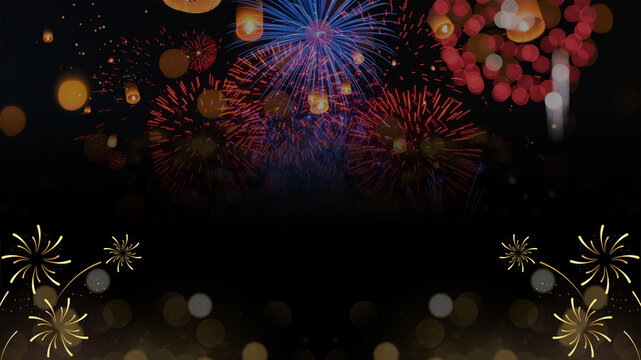 Vibrant festive fireworks display with glowing bokeh lights and elegant gold sparkles on a dark background, perfect for New Year celebration designs - Powered by Adobe