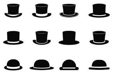 Collection of black top hats and bowler hats in various styles