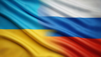 Obraz premium A digital illustration of a merged flag design combining elements from both the Russian and Ukrainian flags in a harmonious composition. The flag features horizontal stripes with the blue and yellow c