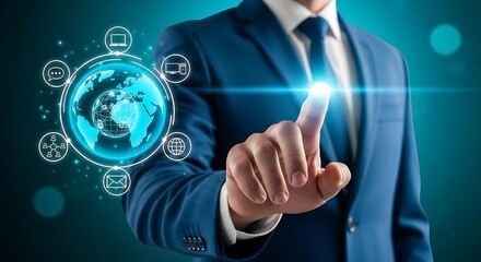 Businessman touches holographic global network interface with glowing fingertip technology