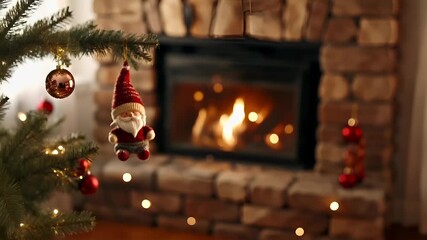 A closeup of a Christmas tree adorned with ornaments and a Santa Claus ornament. The tree is set against a backdrop of a roaring fireplace, with the warm glow of the fire illuminating the scene. - Powered by Adobe
