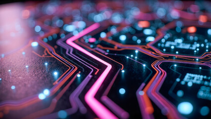 A futuristic abstract technology background with neon lights and glowing circuit lines