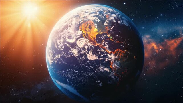 A surreal depicting a planet with dramatic changes, set against the backdrop of space.