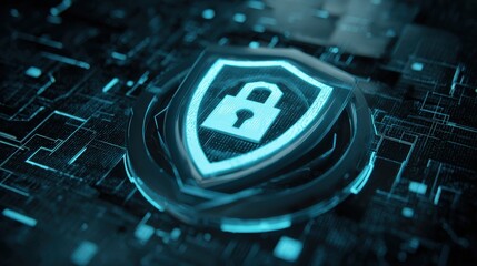 A digital shield with a padlock represents cybersecurity and protection against online threats in a high-tech environment.