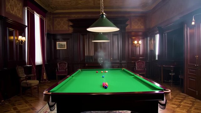 Elegant Billiard Room with Green Table and Overhead Lighting.
