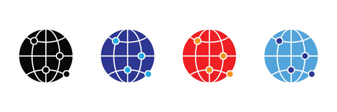 a visual representation depicting four stylized globes of varying colors arranged horizontally in a simple clean and graphic manner