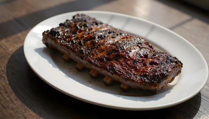 Close-up of freshly grilled barbecued spareribs on a clean white plate.
