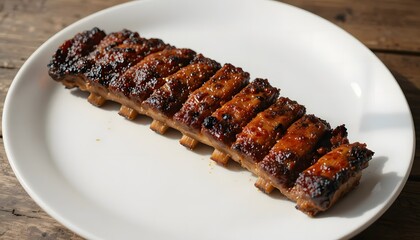 Close-up of freshly grilled barbecued spareribs on a clean white plate.