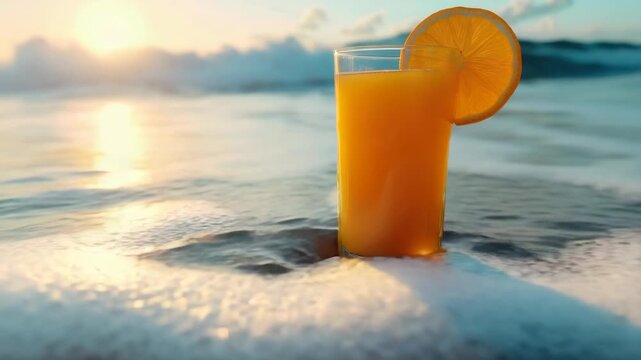 A refreshing glass of orange juice with a slice of lemon on the beach