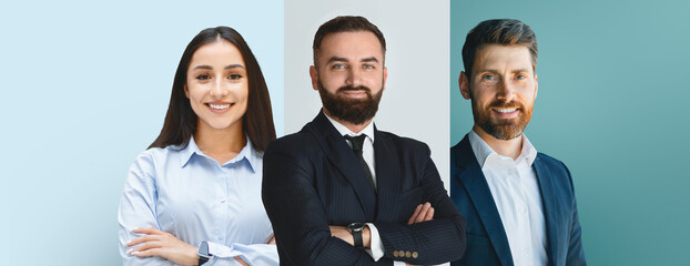 Three business professionals stand together in a modern office environment. Each individual displays confidence while dressed in smart attire. They showcase a blend of diversity and teamwork.