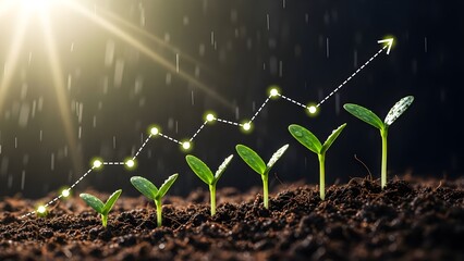 Green seedlings growing in soil with a rising graph line and glowing dots against a dark background with rain and sunlight.