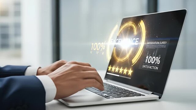 Laptop Displaying Excellence Concept with Ratings and Blue Suit Sleeves on White Desk Near Window