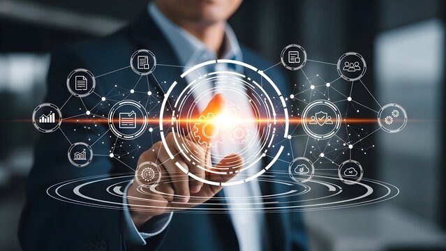 Businessman in a suit interacting with a futuristic interface in an office setting with a technological mood. - Powered by Adobe