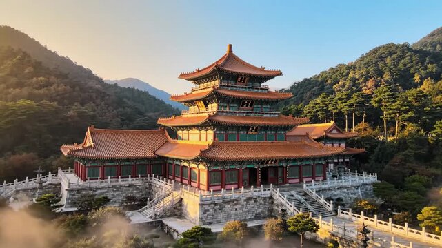 Based on the visual analysis of the East Asian-style architectural complex surrounded by mist and mountains, here is the commercially viable metadata: