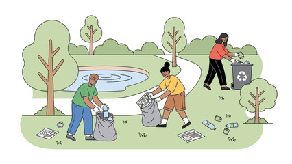 Fototapeta premium community park cleanup activity with diverse volunteers collecting litter in a