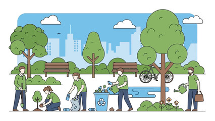 Fototapeta premium community park cleanup with residents planting trees and recycling efforts in