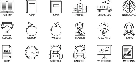 Comprehensive Education and Academic Learning Line Icons Set Covering School, Books, Intelligence, Teacher, Creativity, Success, Exams, and Campus Materials for Study.