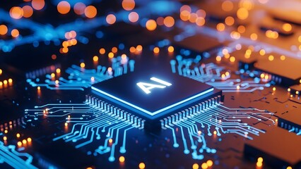 Close-up shot of a computer chip with AI logo on a circuit board with blue and orange lights.