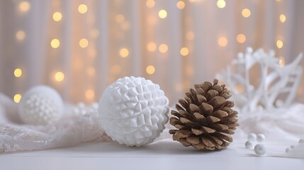 White Christmas decorations with white balls and pinecones against blurred background, festive New Year concept with empty space for custom text and holiday celebration theme.