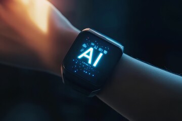 Person holding smart watch with glowing screen in close up view on neutral background
