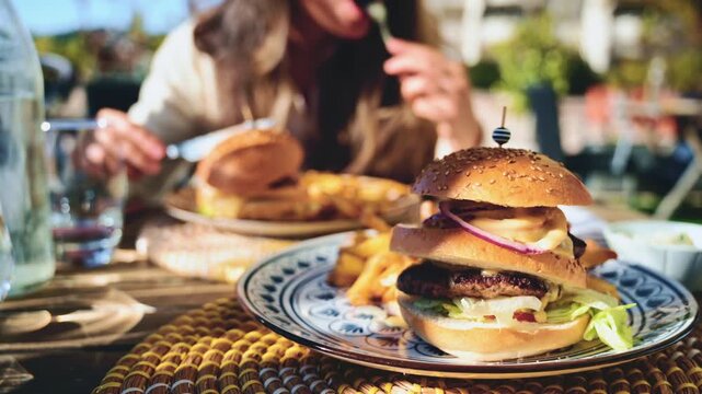 Gourmet burger served on a patterned plate in bright daylight, with blurred restaurant terrace in the background