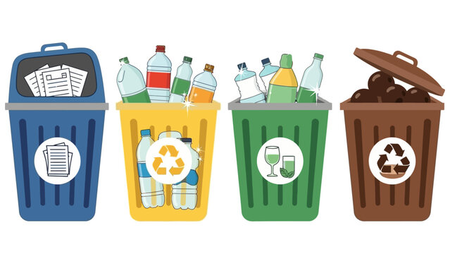 Environmental waste sorting with colorful recycling bins for waste segregation