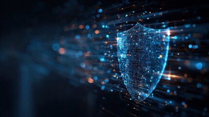 A digital representation of a shield, symbolizing security, surrounded by glowing particles and lines, illustrating concepts of cybersecurity and protection.