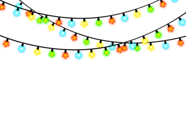 Multiple rows of colorful glowing festive lights hanging on wires for celebration backdrops and holiday atmosphere.