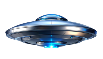  Futuristic Silver UFO Saucer with Blue Light Beam – Transparent Background