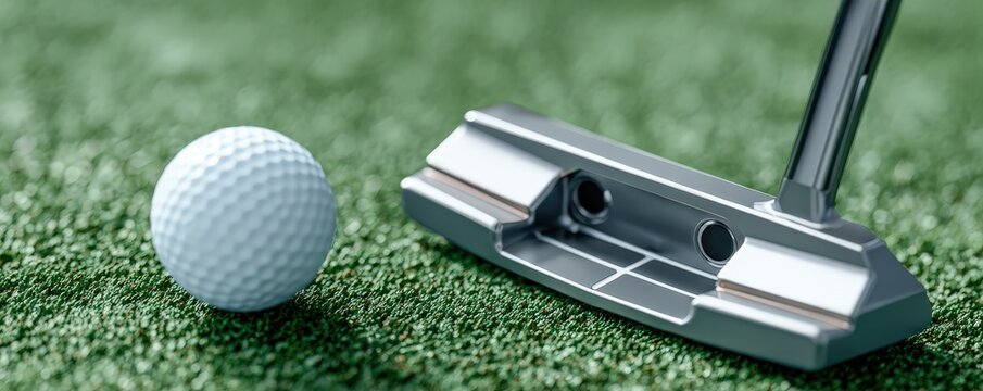 A close-up of a golf putter and a white golf ball on a green putting surface, highlighting the precision and detail of golf equipment. - Powered by Adobe