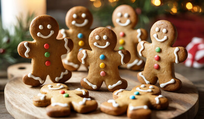 A warm, festive photograph of freshly baked gingerbread cookies shaped like little people arranged on a rustic wooden cutting board. The cookies are golden-brown with perfectly defined features, decor