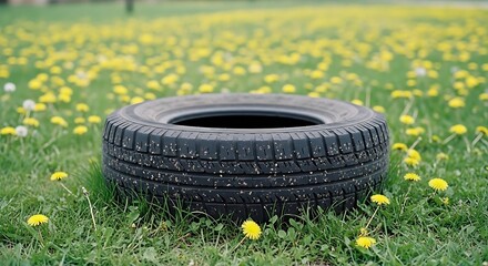 Old Car Tire Discarded in a Field of Dandelions and Green Grass.