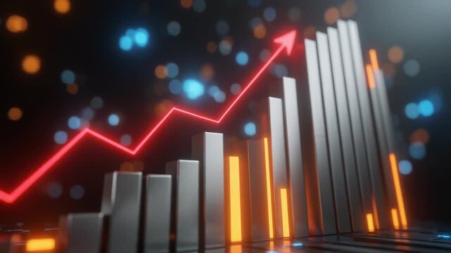 Low angle cinematic tracking of a dynamic 3D bar chart with a glowing red growth line, concept for finance, technology and analytics.