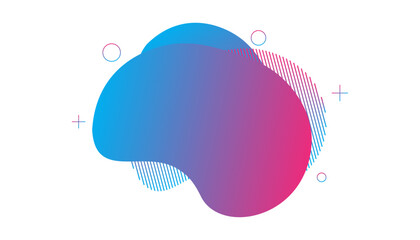 This is a vibrant, fluid gradient element shifting from cool blue to warm magenta, featuring an abstract, irregular shape and accented by dynamic lines and simple geometric shapes.
