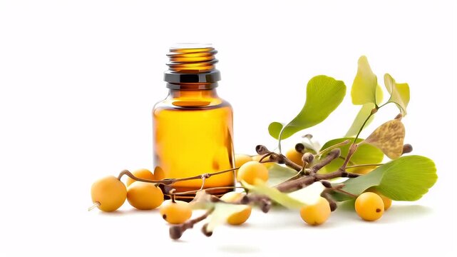 Holiday shopping season. Retail business promotion concept. A closeup of a glass bottle containing a liquid, possibly essential oil, with a yellowish hue. The bottle is transparent.