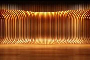Abstract curved wooden slats form backdrop & reflective stage-like floor