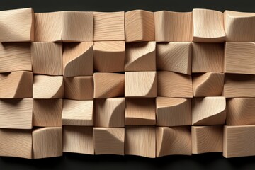 Abstract wall art light wood cubes carved with curved faces, set against a dark backdrop