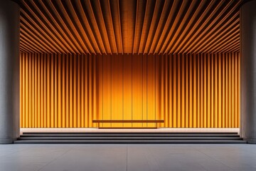 Architectural space with golden slats on ceiling and wall, flanked by pillars