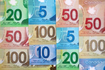 Canadian Dollar currency money bills. CAD currency banknotes in big amount with different denomination close up