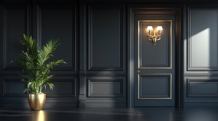 Dark paneled room with gold accents, potted plant, and sconces