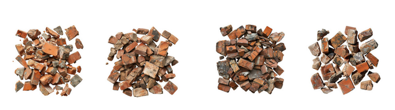 Four piles of crushed red brick fragments isolated on transparent background