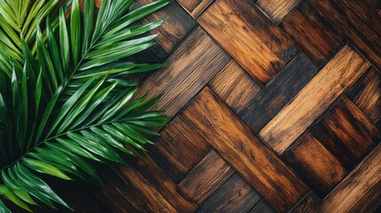 Green palm leaf over dark, geometric wood pattern