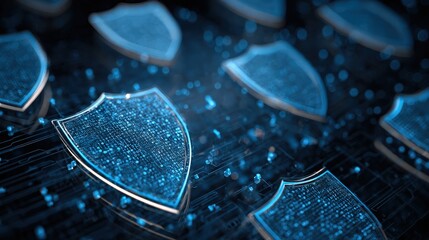 A digital representation of protective shields illuminated by blue light, symbolizing cybersecurity and data protection.