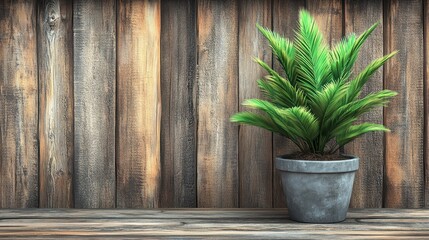 Green potted plant sits against rustic wooden planks background, neutral tones
